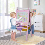 Lavagnetta per Bambini in Legno Rosa con Cavalletto 3 in 1: Lavagna Bianca, Nera e con Rullo Fogli di Carta - immagine 2
