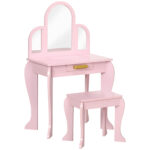Tavolo per Trucco per Bambine 3-6 Anni con Sgabello, Cassetti e Specchio Coordinato in Acrilico, Rosa
