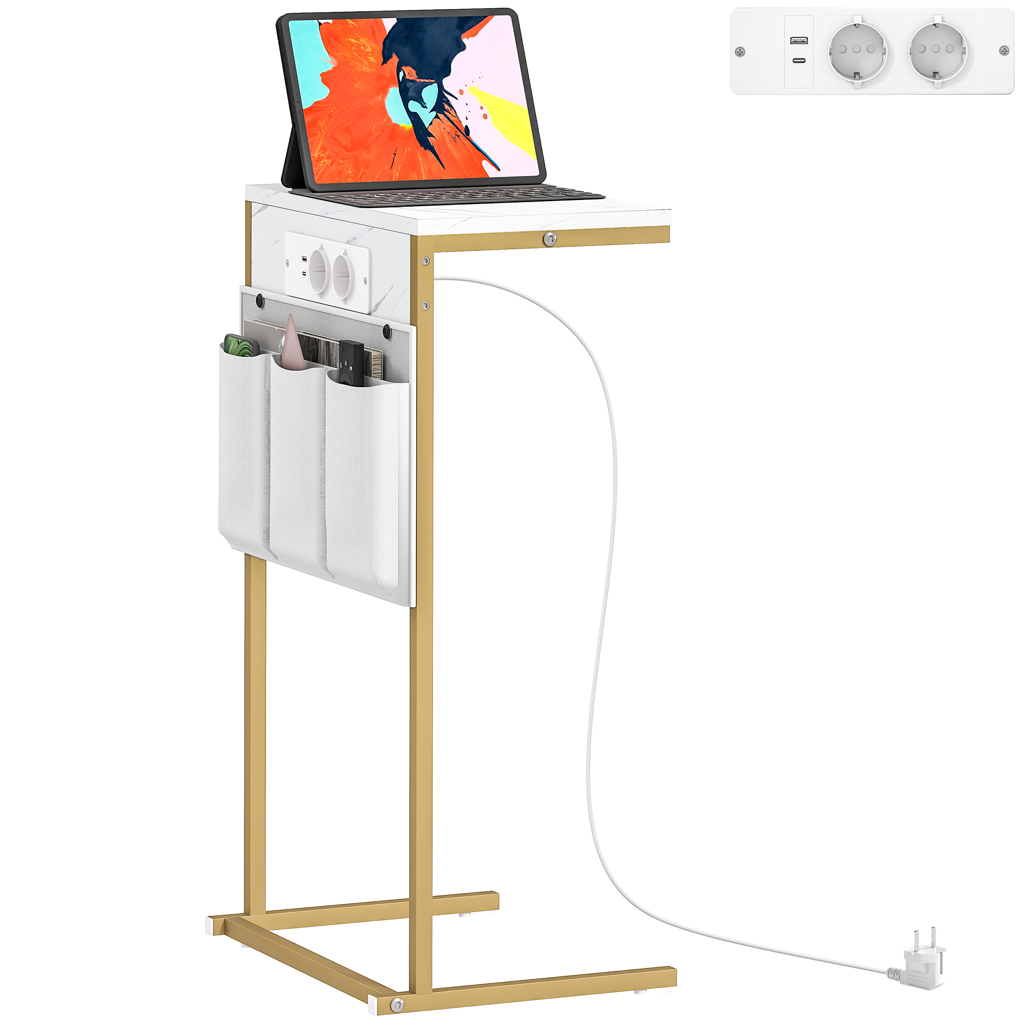 UNfc3e1967b5198e7.jpg Tavolino da Salotto a Forma di C Effetto Marmo con Prese di Corrente e USB Integrate, Bianco - immagine 1