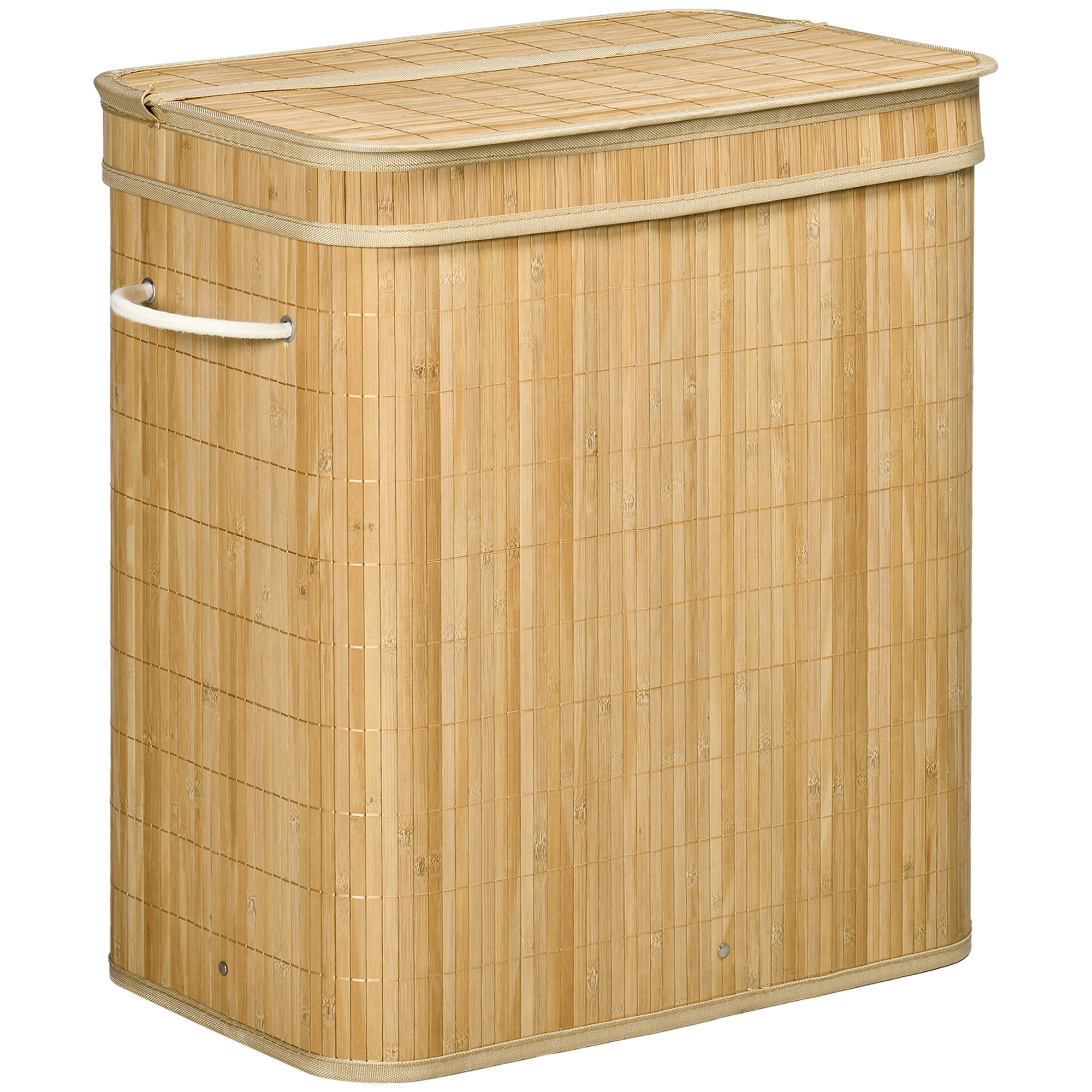 Umn8251949654cf94.jpg Cesto Portabiancheria da 90L Pieghevole con 2 Scomparti, Coperchio e Manici in Bambù - immagine 1