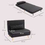 Poltrona Letto 3 in 1 con Schienale Reclinabile su 6 Posizioni in Tessuto, 94x78x80 cm, Nero - immagine 3