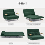 Divano Letto 3 in 1 in Tessuto Effetto Velluto con Schienale Regolabile e 2 Cuscini, 102x73x81 cm, Verde - immagine 4