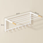 Portasciugamani a Parete Pieghevole con 5 Barre e 6 Ganci in Legno e Acciaio, 60x32,5x20 cm, Bianco - immagine 3