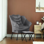 Poltrona Moderna con Poggiapiedi e 2 Tasche Laterali, in Tessuto Effetto Velluto e Acciaio, 80x78x1 cm, Grigio - immagine 2