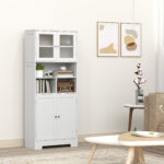 Credenza Cucina con 2 Armadietti e 3 Vani Aperti, Ante a Vetro e Ripiani Regolabili, 60x30x145,5 cm, Bianco - immagine 8