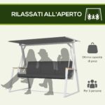Dondolo da Giardino 3 Posti con Tettuccio Inclinabile, in Acciaio, 205x130x175 cm, Grigio Scuro - immagine 4
