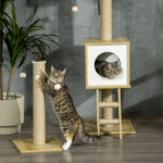 Albero per Gatti in Truciolato ad Altezza Regolabile con Tiragraffi, Casetta, Amaca e Pallina, 40x40x225-285 cm - immagine 8