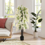 Pianta Artificiale Glicine Bianco Finto con Vaso per Interni ed Esterni, Bianco e Verde Ø18 x 165cm - immagine 5