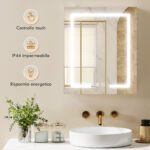 Armadietto Bagno con Specchio, Luce LED Regolabile e Sistema Antiappannamento, 50x15x60 cm, Bianco - immagine 7