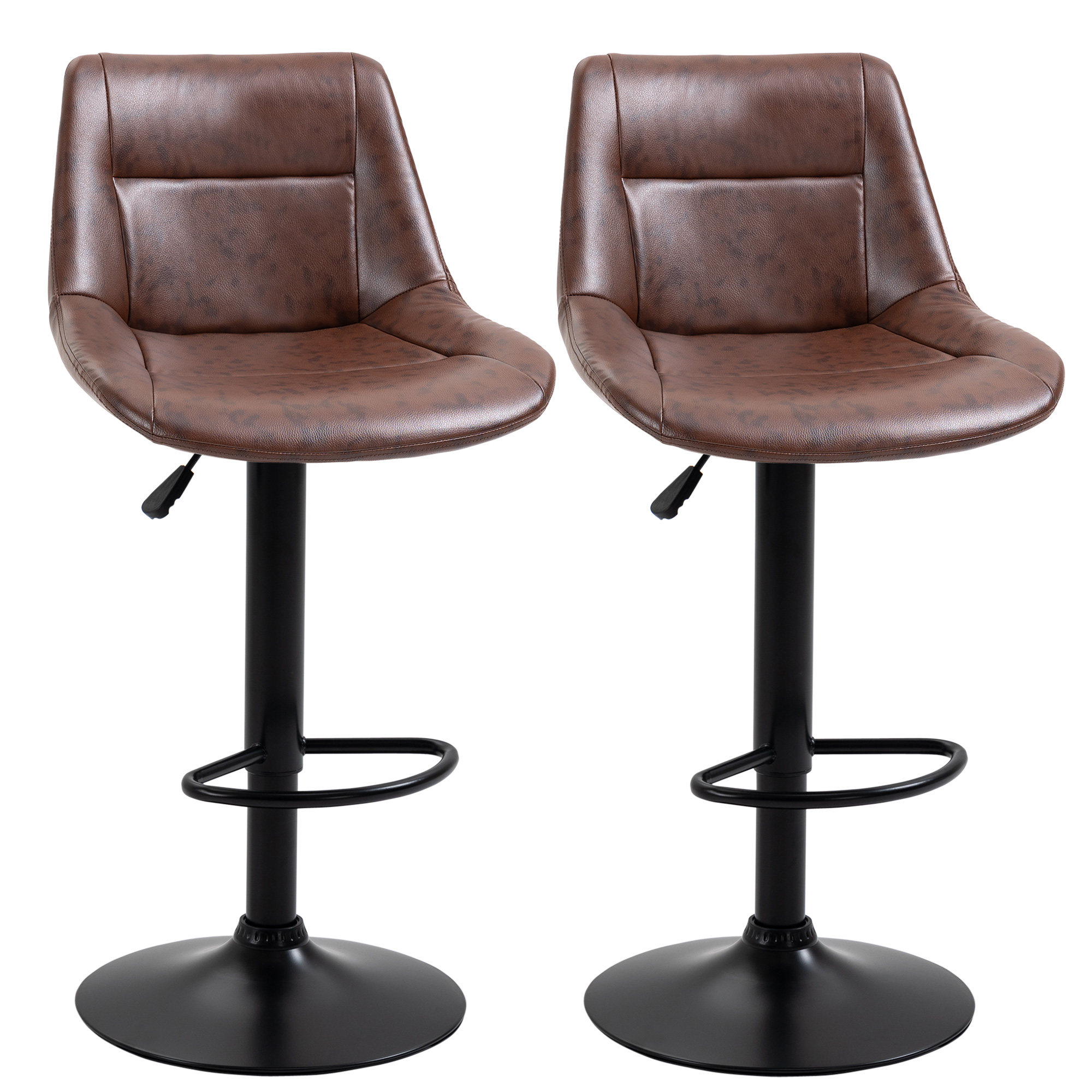VtIa1319864583015.jpg Set 2 Sgabelli da Bar Vintage in Finta Pelle Marrone con Poggiapiedi e Base Rotonda, 46,5x50x88-108 cm - immagine 1