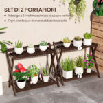 Set 2 Portapiante a 2 Livelli con Design a Doghe in Legno di Abete, 73x36x64 cm, Marrone Bruciato - immagine 4