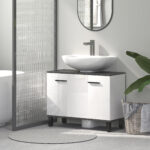 Mobile Sottolavabo Bagno con Armadietto 2 Ante e Ripiano Regolabile, 80x34x60 cm, Bianco Lucido - immagine 2