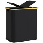 Cesto Portabiancheria da 80L a 2 Sezioni con Coperchio, in Tessuto non Tessuto e Bambù, 54x34x58,5 cm, Nero
