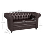 Divano 2 Posti stile Chesterfield con Cuscino Rimovibile, in Ecopelle, Legno e Metallo, 160x84x80 cm, Marrone - immagine 3