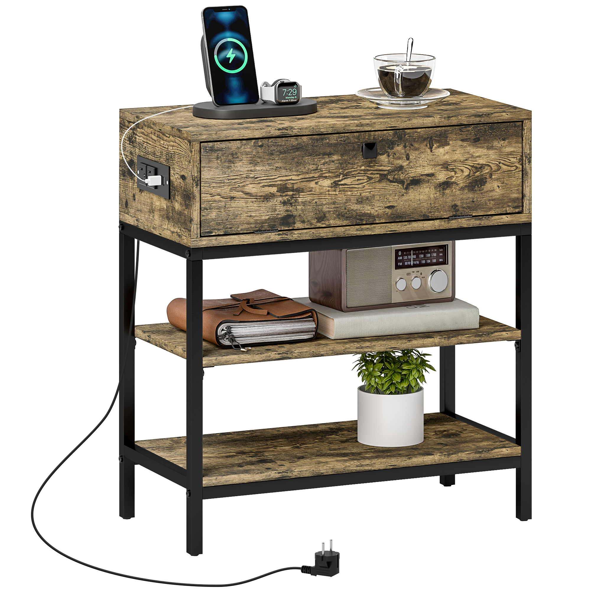 XB1f611951a13b409.jpg Tavolino da Divano con Cassetto e 2 Ripiani Stile Industriale, in Legno e Metallo, 60x30x66,5 cm, Nero e Marrone - immagine 1