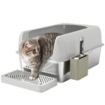 Lettiera per Gatti con Gradino, Paletta e Box Portaoggetti, in Acciaio Inox e ABS, 60,2x40,6x29 cm, Grigio Chiaro