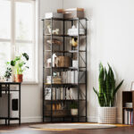 Libreria Angolare Industriale a 7 Livelli, in Legno e Acciaio, 60x60x198 cm, Marrone Rustico - immagine 8
