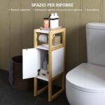 Mobile Bagno Salvaspazio con Porta Carta Igienica, Armadietto e Ripiano in Bambù, 20x33x80cm, Bianco - immagine 4