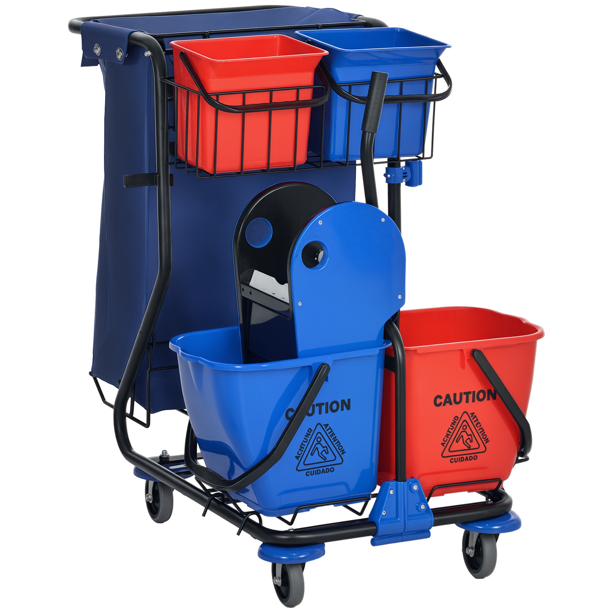 XiCb0919809ae0c50.jpg Carrello Pulizie con Sacco per Immondizia, 4 Secchi e Strizzatore per Mocio, 93x80x97 cm, Rosso Blu e Nero - immagine 1