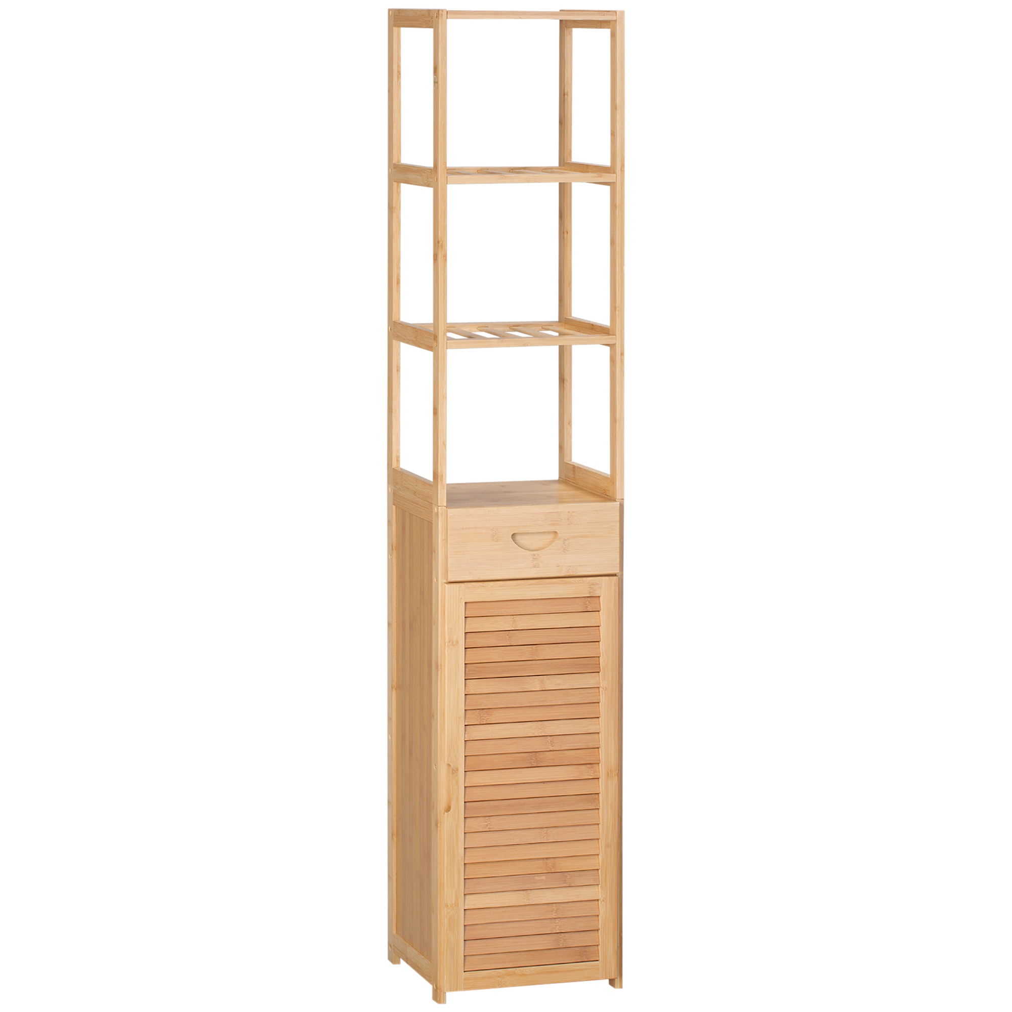 XoR53819493aef721.jpg Mobile Bagno Alto in Bambù con 3 Ripiani Aperti, un Cassetto e un Armadietto, 32x30x163 cm, color Legno - immagine 1