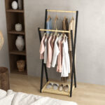 Appendiabiti da Terra in Legno con 2 Barre e Ripiano Inferiore Design Moderno, 61x45x152cm - immagine 7