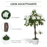 Pianta Finta di Rosa da 21 Fiori con Vaso Riempito in Cemento e Muschio, Pianta Artificiale Anti-UV in Plastica e Tessuto, Ø18x90 cm, Bianco e Verde - immagine 5