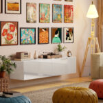 Mobile TV Sospeso per Televisori da 45"-55"-65" con 2 Armadietti e Ante a Ribalta, 140x33x29,8 cm, Bianco - immagine 7