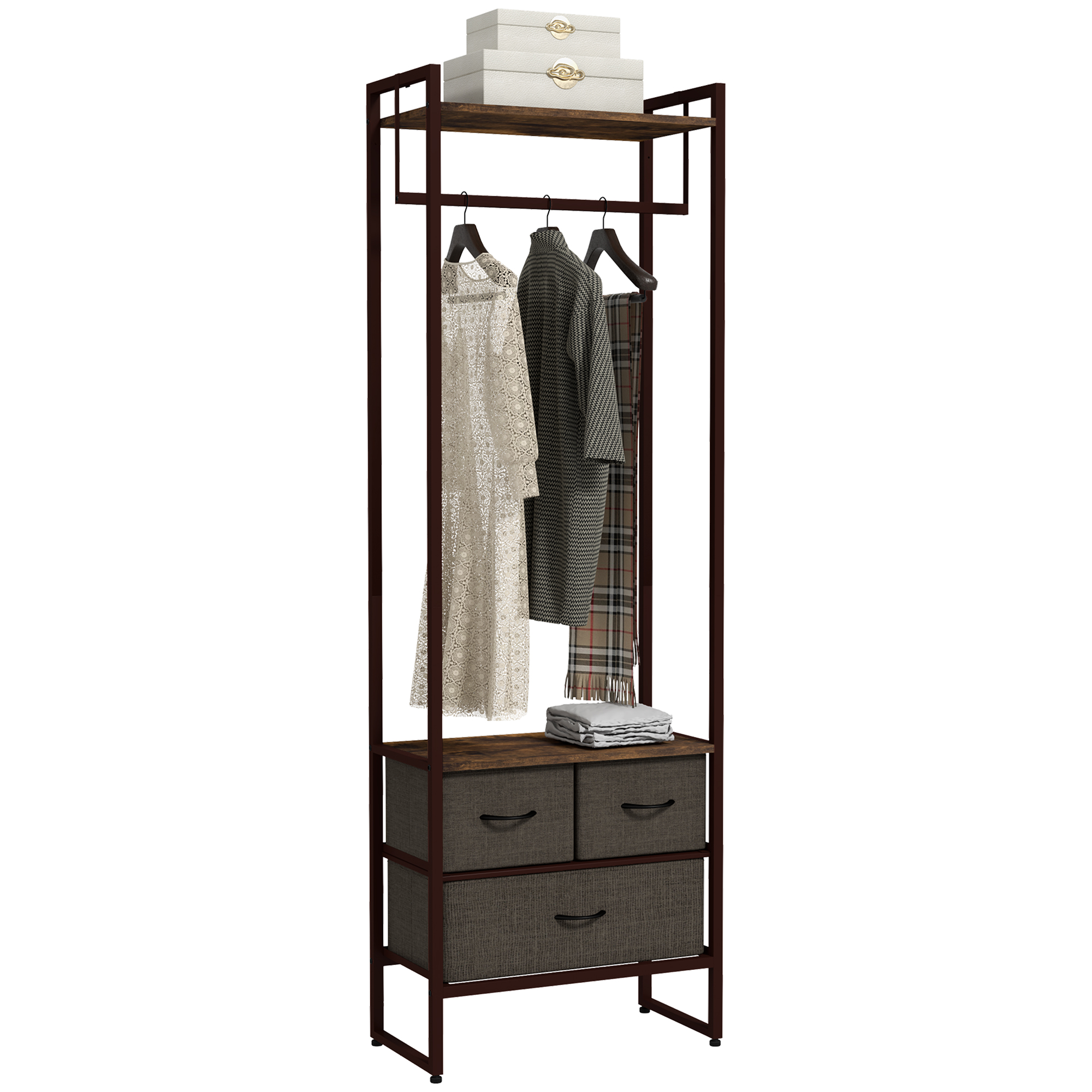 YGo422194931ea7de.jpg Appendiabiti da Terra con Asta, 3 Cassetti e Ripiani, in Legno MDF e Acciaio, 58,5x30x178 cm, Marrone - immagine 1