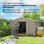 Casetta da Giardino con Porte Scorrevoli e Tetto Inclinato, in Acciaio, 340x386x2 cm, Grigio - immagine 4