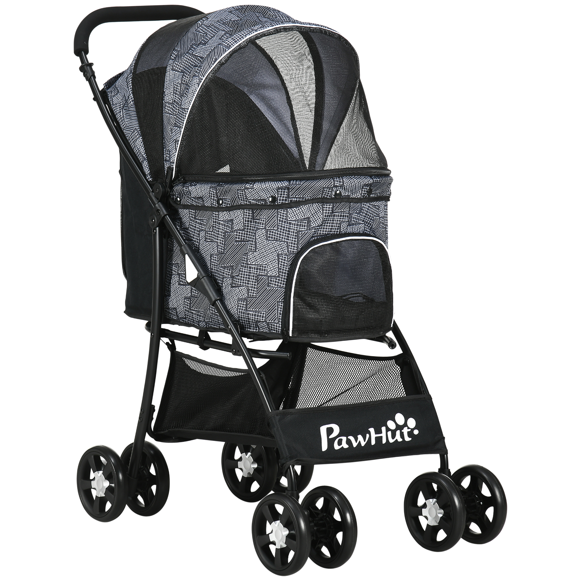 YNw91a1951f3a57df.jpg Passeggino per Cani con Cesto, Cuscino e 2 Guinzagli, in Acciaio e Tessuto Oxford, 81x48x99 cm, Nero e Grigio - immagine 1