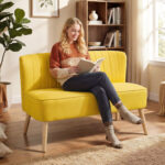 Divano 2 Posti in Tessuto Effetto Lino Senza Braccioli con Gambe in Legno, 117x56,5x77 cm, Giallo - immagine 2