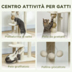 Torre per Gatti con Lettino, Piattaforma e Pallina Giocattolo, in Legno, Peluche e Iuta, 48,5x40x76 cm, Beige - immagine 5