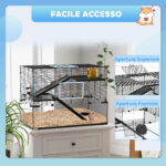 Gabbia per Criceti a 3 Livelli con Base in Vetro Temperato, Ruota e Accessori, 76,5x48,5x54,5 cm, Nero - immagine 7