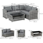 Set Mobili da Giardino in Rattan PE da 4 Pezzi, Salotto con Divano Angolare e Tavolino con Vetro, Cuscini Imbottiti e Sfoderabili, Grigio - immagine 3