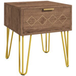 Comodini Moderni Set 2 Pezzi in Truciolato e Acciaio con Cassetto, 39,5x41x49 cm, Marrone