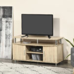 Mobile TV Moderno con 2 Ripiani, Fori Passacavi e 2 Armadietti in MDF 105x40x55cm - Quercia - immagine 2