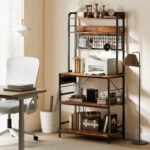 Scaffale da Cucina con Stazione di Ricarica, 5 Ripiani e 10 Ganci a S, in Legno e Acciaio, 80x40x170 cm, Marrone - immagine 9