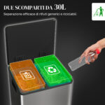 Bidone Immondizia a 2 Sezioni da 30L a Pedale con Coperchio Silenzioso, in Acciaio Inox e PP, 47,7x37,5x66,8 cm - immagine 4