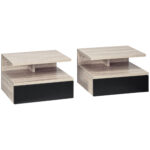 Set di 2 Comodini Sospesi Moderni con Cassetto e Mensola Superiore, 35x32x22,5cm, Rovere e Nero