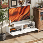 Mobile TV Sospeso per Televisori da 45"-55"-65" con 2 Armadietti e Ante a Ribalta, 140x33x29,8 cm, Bianco - immagine 6