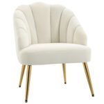 Poltrona in Velluto Imbottita con Schienale a Conchiglia e Gambe in Acciaio per Camera e Salotto, 63x65x84cm, Crema
