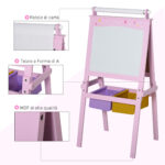 Lavagnetta per Bambini in Legno Rosa con Cavalletto 3 in 1: Lavagna Bianca, Nera e con Rullo Fogli di Carta - immagine 6