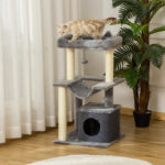 Albero Tiragraffi con Corde Sisal, Casetta e Amaca, Rivestimento Peluche e Feltro, Altezza 1cm, Grigio - immagine 2