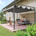 Pergola Gazebo da Esterno 4x3 m con Tettuccio Retrattile in Metallo e Poliestere, Grigio Scuro - immagine 2