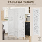 Separé Paravento da Interni Pieghevole a 3 Pannelli in Legno Intagliato, 120x170cm, Bianco - immagine 6
