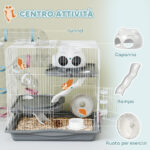 Gabbia per Criceti a 3 Livelli e 14 Tubi con Casetta, Rampa, e Accessori, in Metallo e Plastica, 45x30x45 cm, Grigio - immagine 5