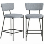 Set di 2 Sgabelli da Bar con Schienale e Poggiapiedi in Metallo e Tessuto, Grigio Chiaro