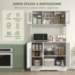 Mobile Dispensa con 4 Armadietti, 2 Ripiani Aperti e Piano da Lavoro, in Legno e Vetro, 108x35x180 cm, Bianco - immagine 4