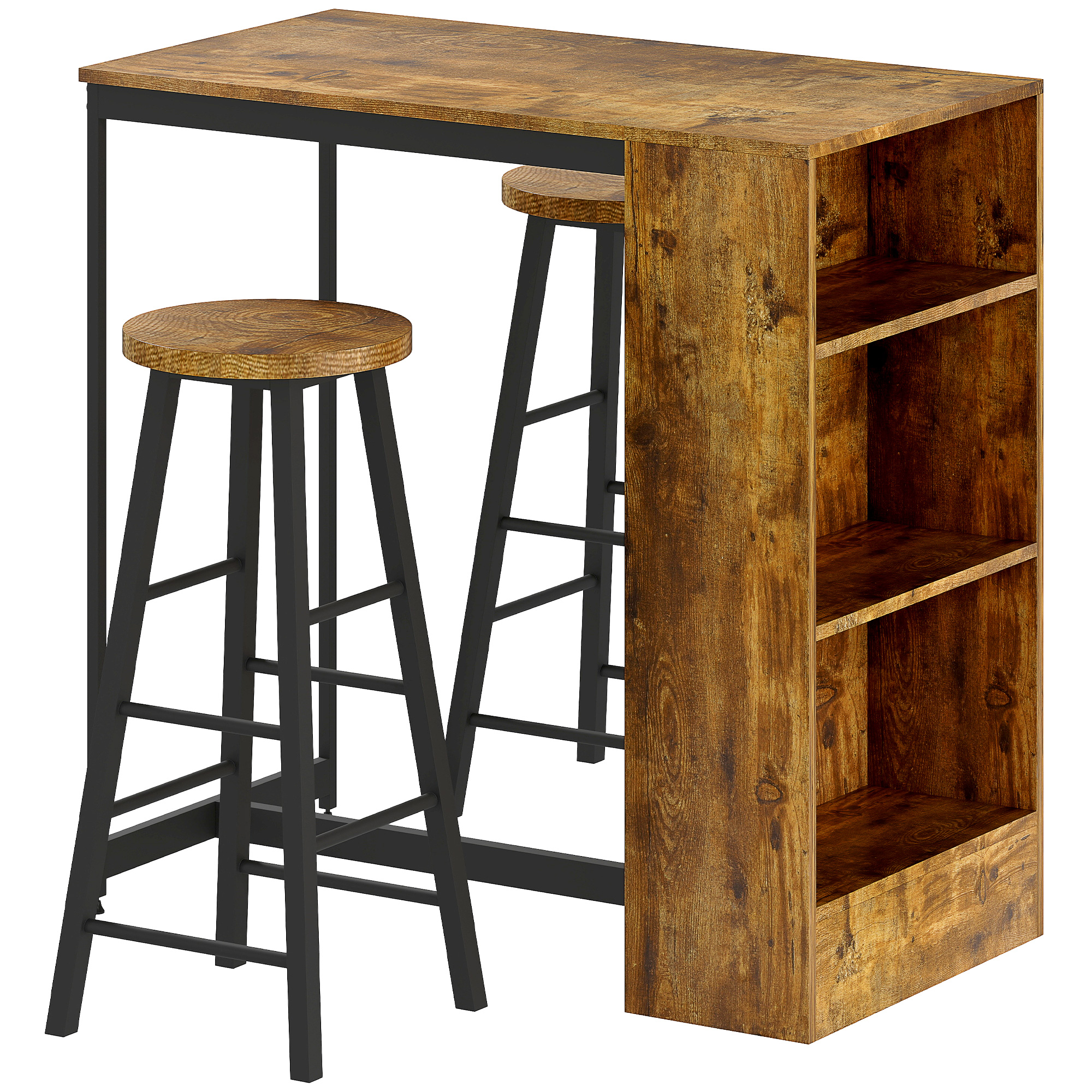 cPjb1419ad76e9b87.jpg Set da Pranzo con Bancone Bar con 3 Ripiani e 2 Sgabelli Alti con Poggiapiedi Stile Industriale, Marrone - immagine 1