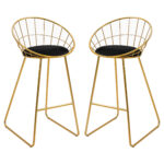 Set 2 Sgabelli da Bar Alti con Schienale e Poggiapiedi per Salotto o Cucina Stile Moderno, Cuscino in Velluto e Struttura in Metallo, 52,5x47x97cm, Nero e Oro